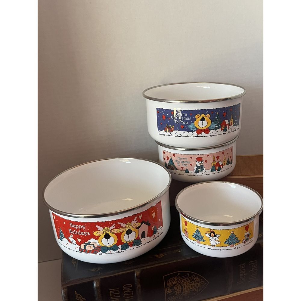 nesting Bowls mixing‎ bowls set of 4 Vintage Christmas Theme Chip Dip Candy